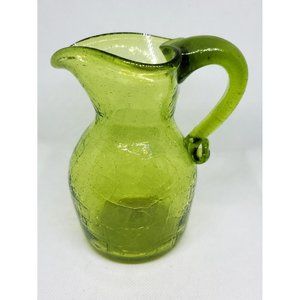 Vintage Clear Cracked Design Green Glass Pitcher Vase Bubbled Handblown